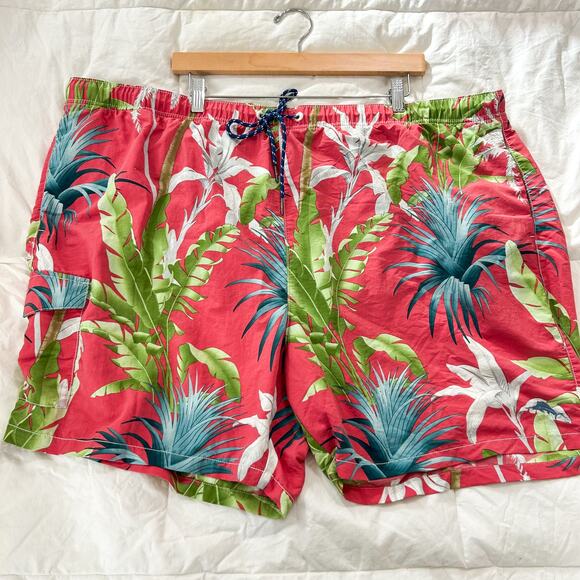 Tommy Bahama Relax 3XB Pink Tropical Swim Trunks Palm Print Cargo Board Shorts - Picture 1 of 5